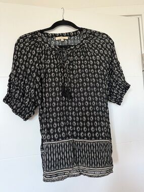 Black Printed Peasant Blouse with Tassel Tie and Short Ruched Sleeves